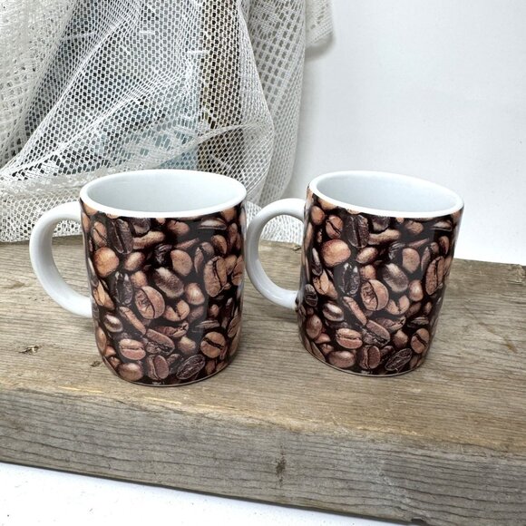 Starbucks Coffee Bean Print Ceramic Mugs 2007 Set Of 2 Demitasse - Picture 2 of 6